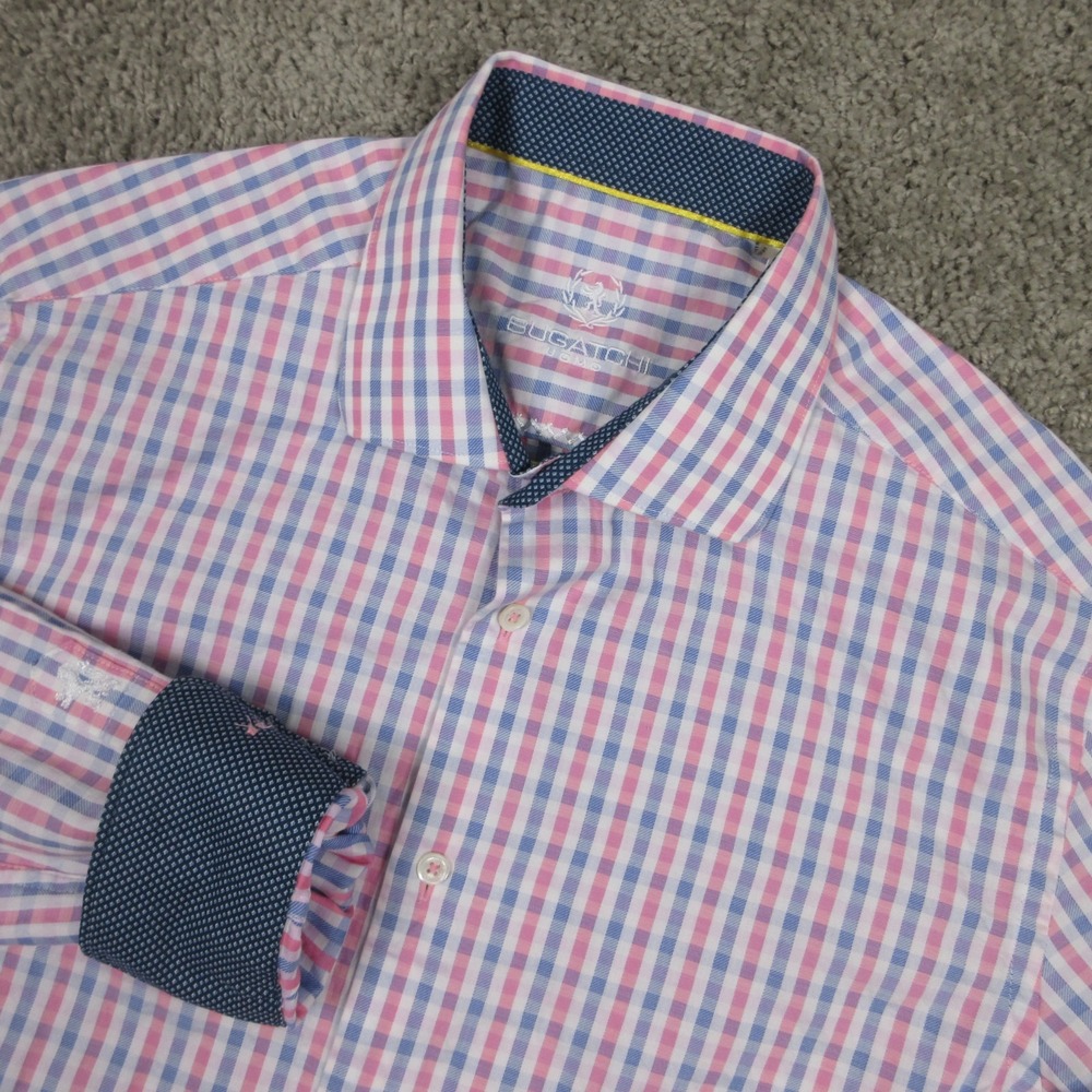 Bugatchi Uomo Shirt Mens L‎ 16.5 34/35 Pink Blue Check Twill Flip Cuff Button Up